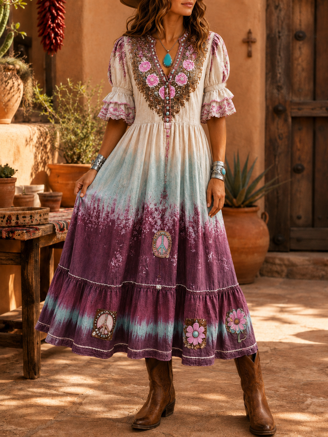Women's Retro Art Print Washed Cotton Lace Patchwork Midi Dress